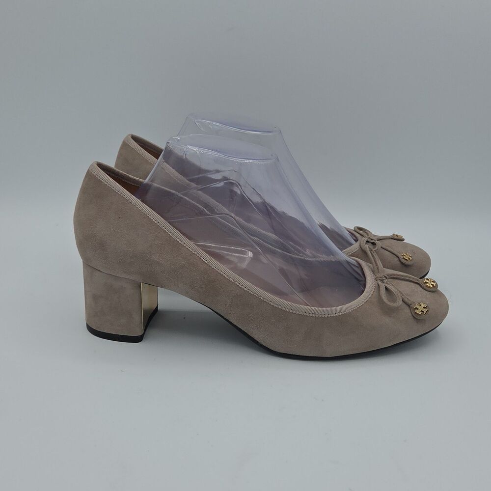 Tory Burch Claire Taupe Suede Low Block Heel Pumps Round Toe Bow Shoes 9.5 - Picture 5 of 8
